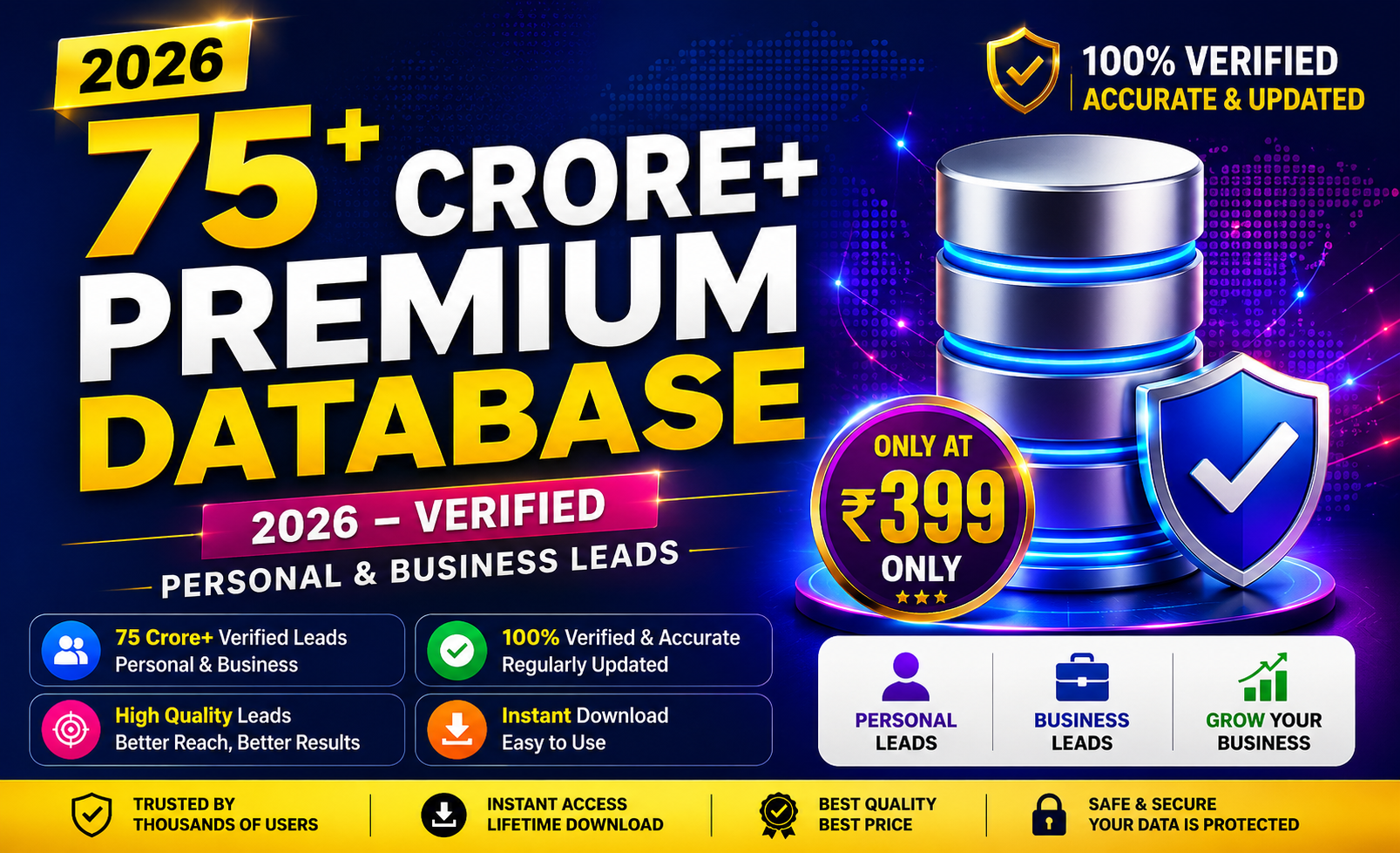 75 Crore+ Premium Database 2026 – Verified Personal & Business Leads at ₹299